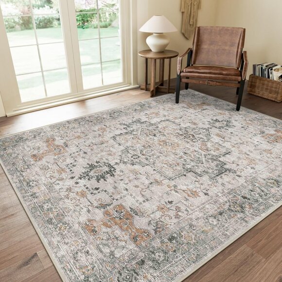 New 5x7 Area Rug, Washable Non-Slip Vintage Chenille Carpet for Living Room - Picture 1 of 10